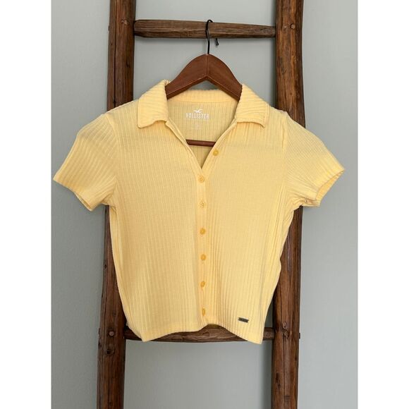 Hollister Yellow Ribbed Crop Button-Up Polo Top Short Sleeve Summer Y2K Style - Picture 1 of 3